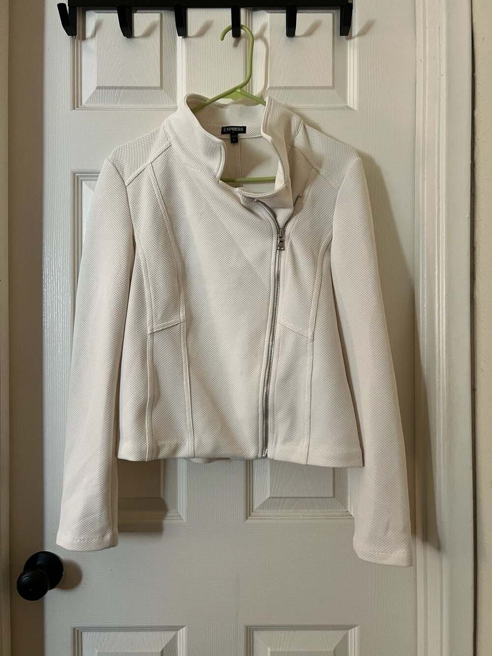 Express White Textured Knit Asymmetrical Zip Moto Jacket